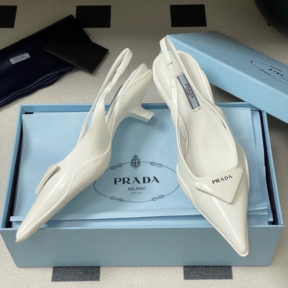 Prada Linea Rossa White Patent Slingback Pointed-Toe Heels